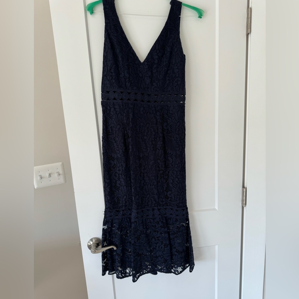 Bardot navy lace midi dress